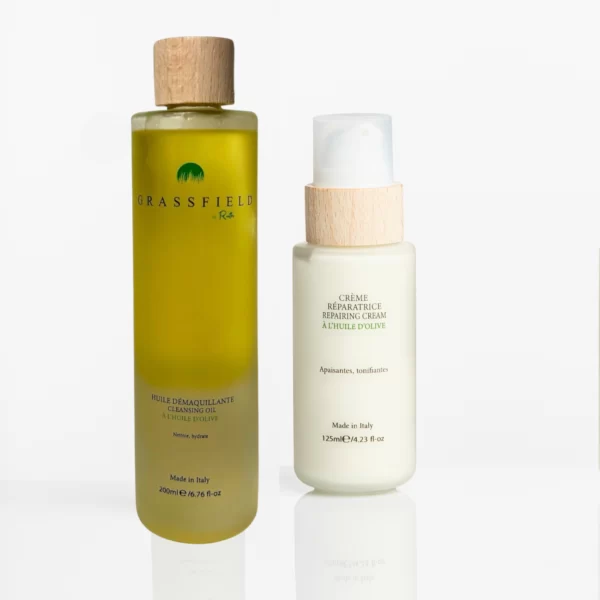 Duo Hydratant Revitalisant : huile démaquillante biphasique + crème réparatrice- GRASFIELD by Ruth